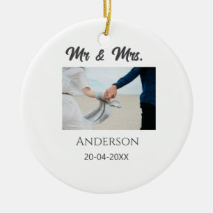 Mr & Mrs add family name date year wedding favour  Ceramic Ornament