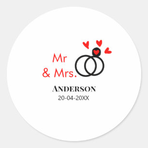 Mr & Mrs add family name date year wedding favour Classic Round Sticker
