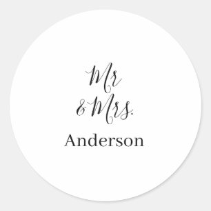 Mr & Mrs add family name date year wedding favour Classic Round Sticker