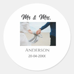Mr & Mrs add family name date year wedding favour  Classic Round Sticker
