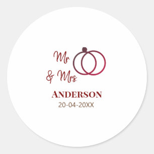 Mr & Mrs add family name date year wedding favour Classic Round Sticker