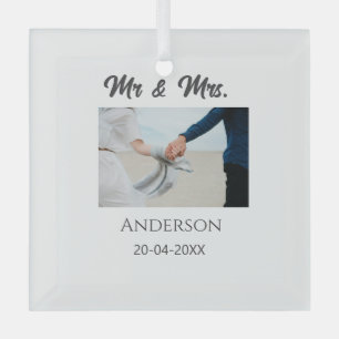 Mr & Mrs add family name date year wedding favour Glass Ornament