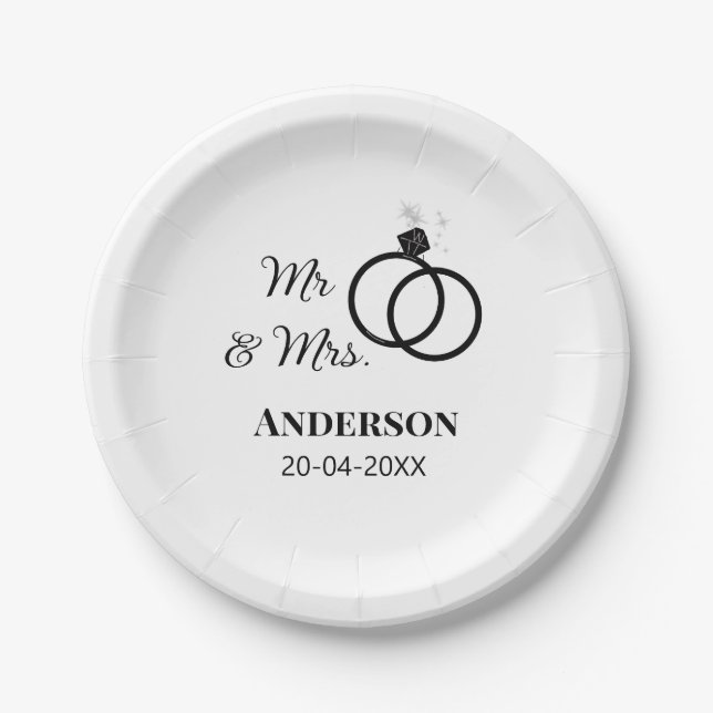 Mr & Mrs add family name date year wedding favour  Paper Plate (Front)