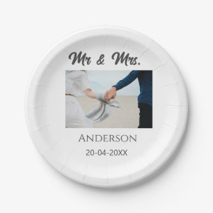 Mr & Mrs add family name date year wedding favour  Paper Plate
