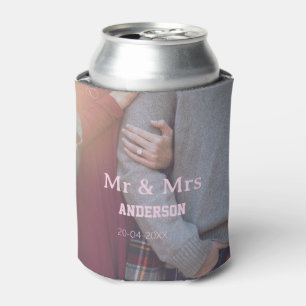 Mr & Mrs add family name photo date wedding family Can Cooler