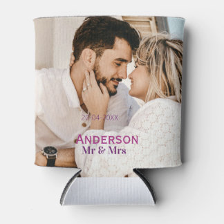 Mr & Mrs add family name photo date wedding family Can Cooler