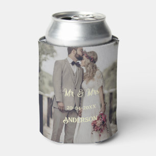 Mr & Mrs add family name photo date wedding family Can Cooler