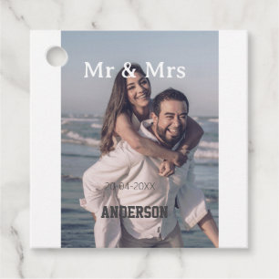 Mr & Mrs add family name photo date wedding family Favour Tags