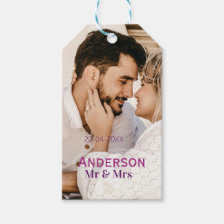 Mr & Mrs add family name photo date wedding family Gift Tags