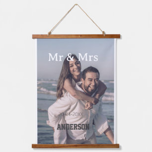 Mr & Mrs add family name photo date wedding family Hanging Tapestry