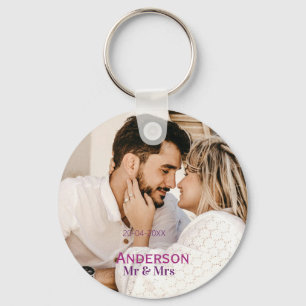 Mr & Mrs add family name photo date wedding family Keychain