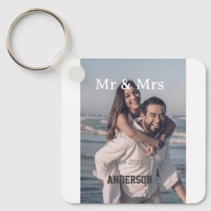 Mr & Mrs add family name photo date wedding family Keychain