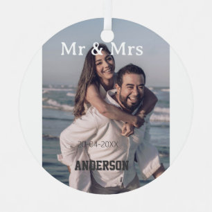 Mr & Mrs add family name photo date wedding family Metal Ornament