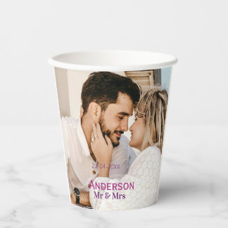 Mr & Mrs add family name photo date wedding family Paper Cups