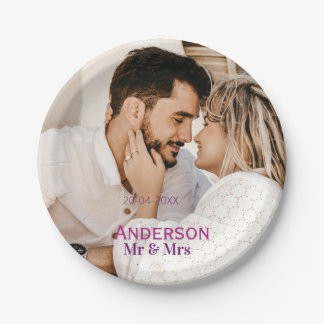 Mr & Mrs add family name photo date wedding family Paper Plate