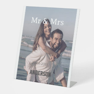 Mr & Mrs add family name photo date wedding family Pedestal Sign