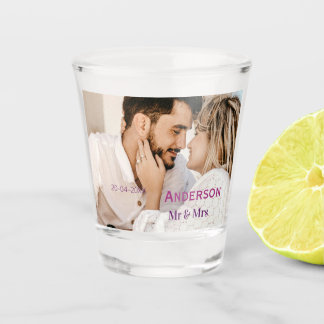 Mr & Mrs add family name photo date wedding family Shot Glass
