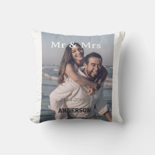 Mr & Mrs add family name photo date wedding family Throw Pillow