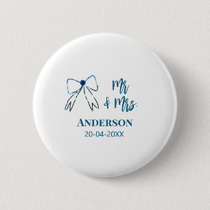 Mr & Mrs add name date wedding favour bow blue gre 2 Inch Round Button