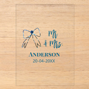 Mr & Mrs add name date wedding favour bow blue gre Acrylic Invitations