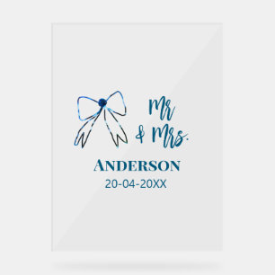 Mr & Mrs add name date wedding favour bow blue gre Acrylic Sign