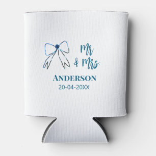 Mr & Mrs add name date wedding favour bow blue gre Can Cooler