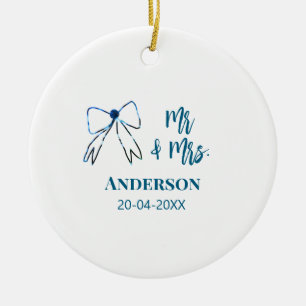 Mr & Mrs add name date wedding favour bow blue gre Ceramic Ornament