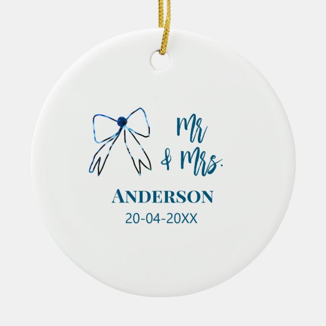 Mr & Mrs add name date wedding favour bow blue gre Ceramic Ornament (Front)