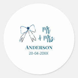 Mr & Mrs add name date wedding favour bow blue gre Classic Round Sticker