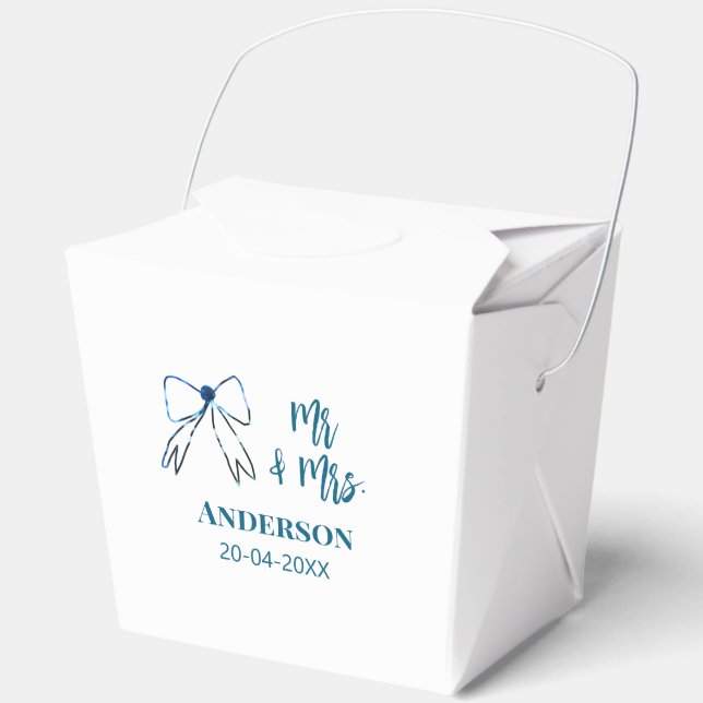 Mr & Mrs add name date wedding favour bow blue gre Favor Box (Front)