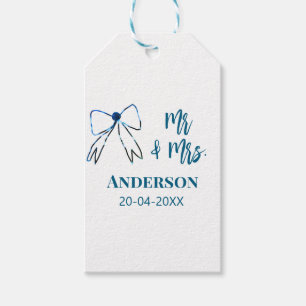 Mr & Mrs add name date wedding favour bow blue gre Gift Tags
