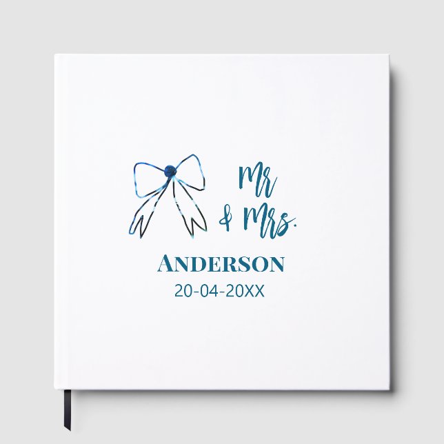 Mr & Mrs add name date wedding favour bow blue gre Guest Book (Front)