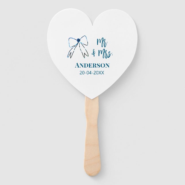 Mr & Mrs add name date wedding favour bow blue gre Hand Fan (Front)