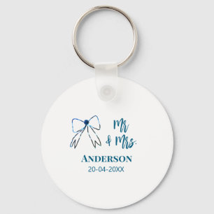 Mr & Mrs add name date wedding favour bow blue gre Keychain