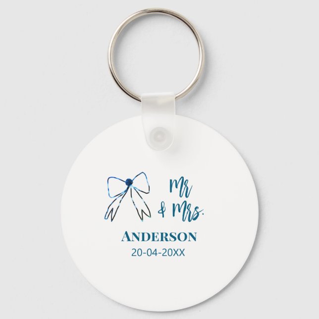 Mr & Mrs add name date wedding favour bow blue gre Keychain (Front)