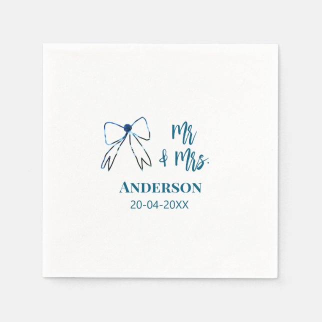 Mr & Mrs add name date wedding favour bow blue gre Napkin (Front)