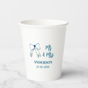 Mr & Mrs add name date wedding favour bow blue gre Paper Cups