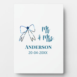 Mr & Mrs add name date wedding favour bow blue gre Plaque