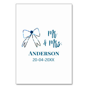 Mr & Mrs add name date wedding favour bow blue gre Table Number