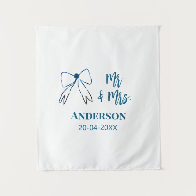 Mr & Mrs add name date wedding favour bow blue gre Tapestry (Front)