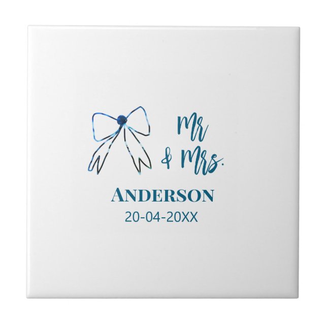 Mr & Mrs add name date wedding favour bow blue gre Tile (Front)