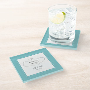 Mr & Mrs Aqua White Elegant Wedding Chic Hearts Glass Coaster