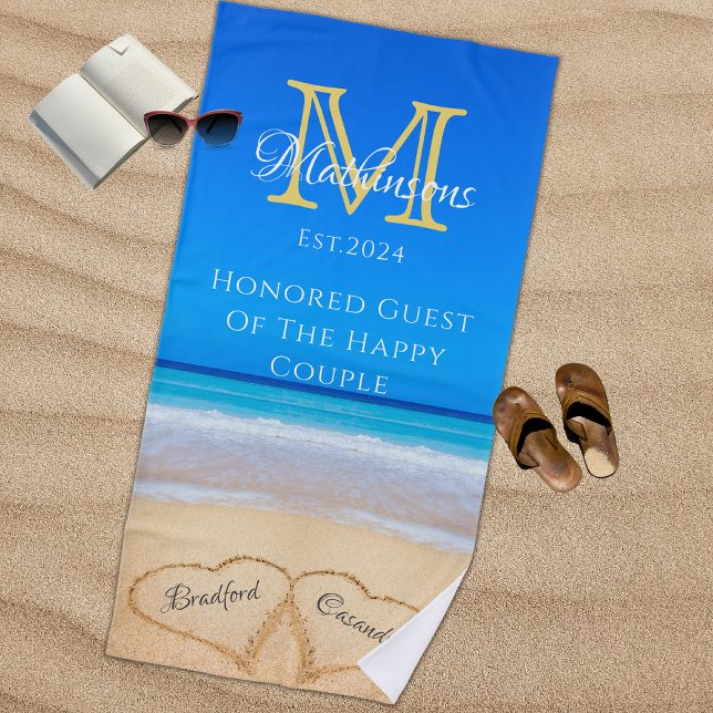 Mr. Mrs. Beach Wedding Hearts Sand Honored Guest Towel (Creator Uploaded)