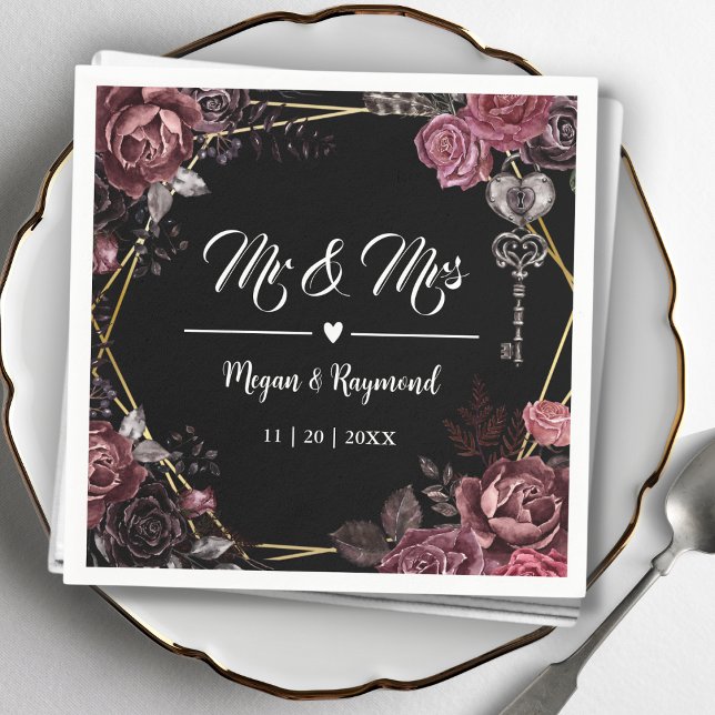 Mr & Mrs | Black Dark Roses Floral Gothic Wedding  Napkin (Creator Uploaded)