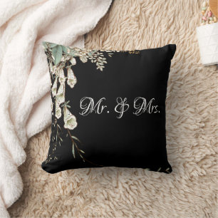 Mr. & Mrs. Black Floral Script Wedding Throw Pillow