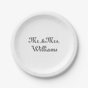 Mr. & Mrs. black white custom script name elegant Paper Plate