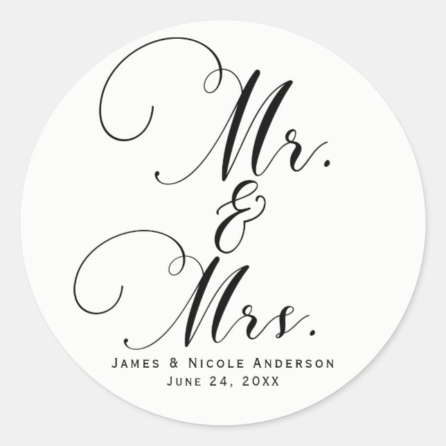 Mr. & Mrs. Black White Script Custom Wedding Favou Classic Round Sticker (Front)