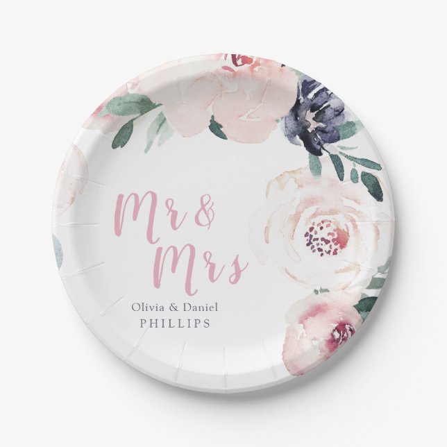 Mr & Mrs Blooming botanical blush floral wedding Paper Plate (Front)