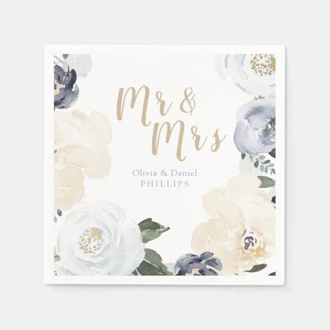Mr & Mrs Blooming botanical dusty blue wedding Napkin (Front)