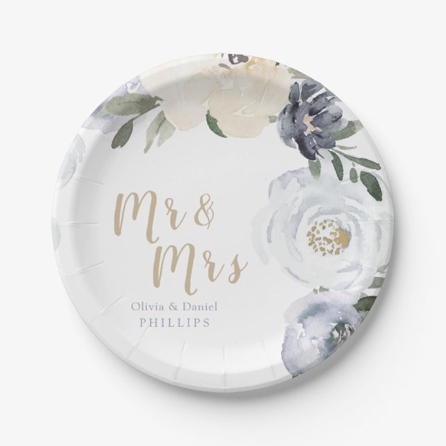 Mr & Mrs Blooming botanical dusty blue wedding Paper Plate (Front)